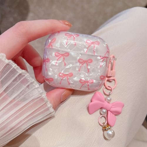 Image of MINSCOSE for Cute Glitter AirPods 4 Case,Shell Pattern Bow Ribbon Trendy Design with Bowknot Pearl Keychain,Protective Shockproof Cover for Apple Airpods iPod 4th Generation for Women Girl-Pink