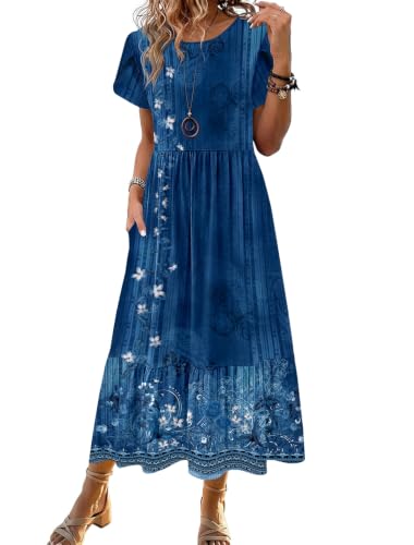 Image of Zeagoo Women Summer Midi A Line Dress Short Sleeve Casual Flowy Tiered Beach Long Sundress with Pockets 2026 Vacation Travel