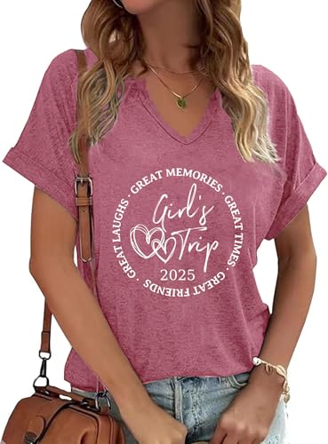 Girl's Trip 2025 V-Neck T-Shirt for Women Besties Vacation Funny Graphic Loose Tops