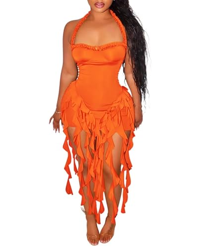 Image of Aro Lora Womens Sexy Halter Neck Sleeveless Ruffle Tassel Party Club Bodycon Mini Dress