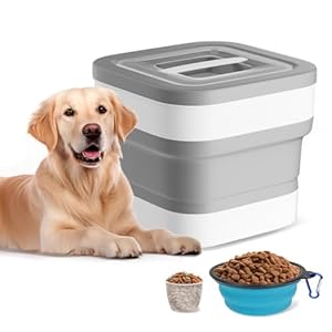 Contenedor de almacenamiento de comida para perros, contenedor plegable de comida para gatos de 5 a 15 libras con tapas herméticas, taza medidora y cuenco plegable, almacenamiento de alimentos para