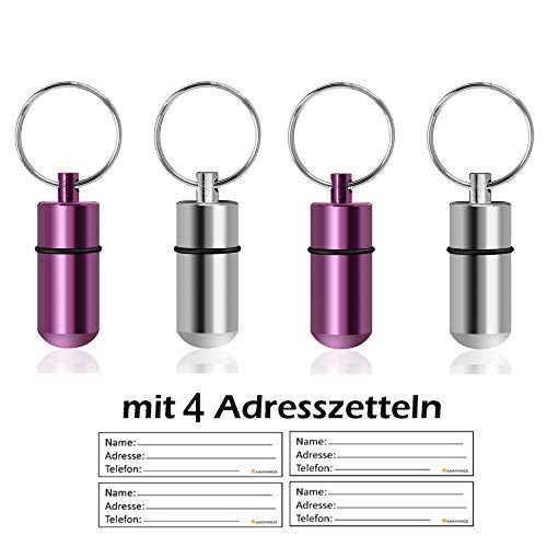 AMATHINGS 4 Piezas ! (Paquete Doble) Etiqueta de dirección Mini (3 cm de Longitud) En Plateado y púrpura para Perros/Gatos Grandes y pequeños con Etiquetas de dirección/a Prueba de Agua