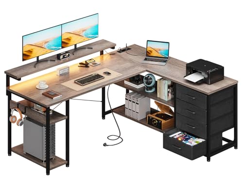 ODK Schreibtisch mit Schubladen, 135×110cm Reversible Eckschreibtisch mit 2 Steckdosen und 2 USB Ladeanschluss, Bürotisch L Form mit LED für Home Office, Graueiche