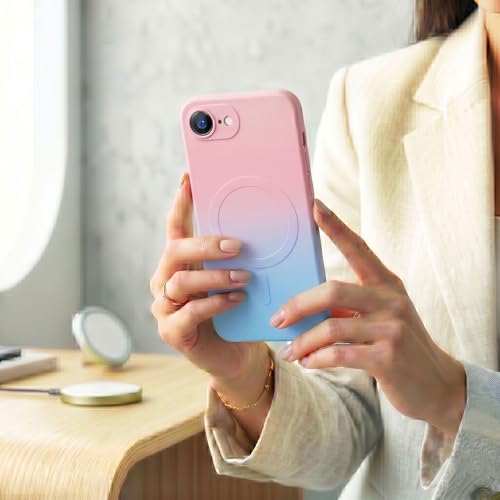 Image of amazon basics Gradient Mag-Safe Case for iPhone 16E | Soft Silicone Shockproof Cover with Camera Protection | Slim Lightweight Design | Smooth Touch & Durable - Pink & Blue