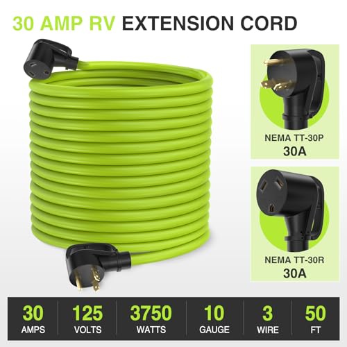 Image of Nilight 50FT 30 Amp RV Extension Cord 125V Heavy Duty 10 /3 Gauge Pure Copper STW Wire UL ETL Listed 3 Prong TT-30P TT-30R Weatherproof Suit for Camper Caravan Trailer Bright Green