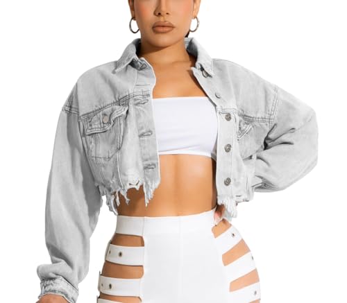 HTD Women's Cropped Jean Jacket Button Up Long Sleeve Ripped Distressed Denim Jacket Frayed Hem Ash Gray XL