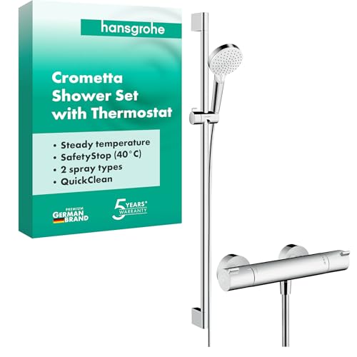 hansgrohe Crometta - Set de douche avec mitigeur thermostatique Ecostat 1001 CL, Pommeau de douche avec barre 90cm, support et flexible de douche 1,60m, Douchette avec 2 types de jet, Blanc/chromé