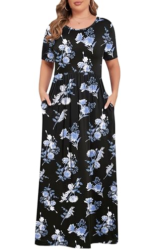 Image of KARALIN Women Plus Size Maxi Dress Short Sleeve Round Neck Loose Fit A-Line | Plus Size Long Dress,Summer Casual Maxi Dresses,Short Sleeve,Side Pockets,Round Neck,Elastic Waist,14 Plus - 26 Plus
