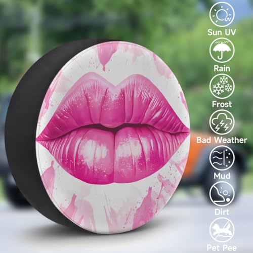 Image of Spare Tire Cover for RV Trailer, Pink Lips Tire Covers Universal Fit for Travel Trailer Camper Jeep RV SUV Truck Waterproof Wheel Cover (16 inch for Diameter 29 inch - 31 inch)