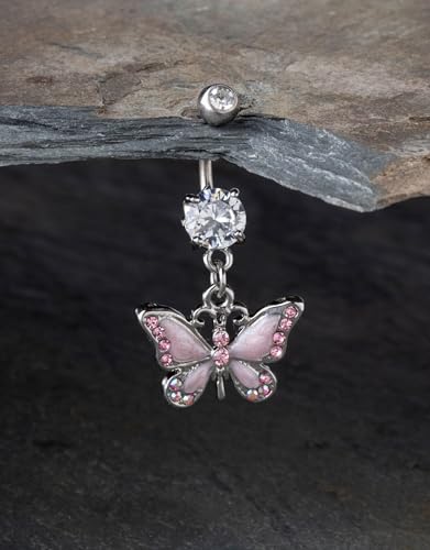 Pierced Owl - 14GA Stainless Steel CZ Crystal Butterfly Dangling Belly Button Ring2