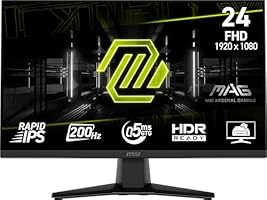 MSI MAG 242F 24-inch 1920 x 1080 (FHD) Gaming Monitor, 200Hz, Adaptive Sync, HDMI, DisplayPort, VESA Mountable, Tilt, Height Adjustable, Speaker, 0.5ms, Black