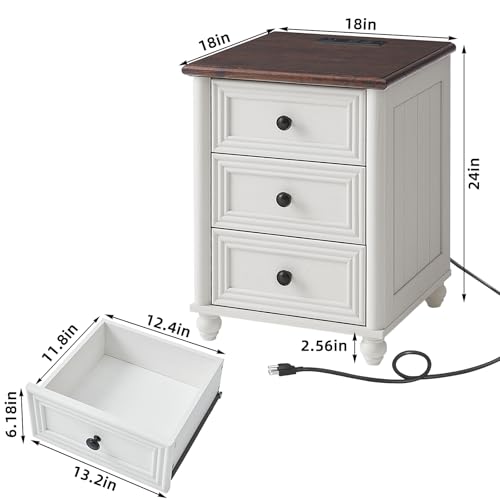 18" Farmhouse Night Stand Set 2 with Charger Station, White 2 & 3 Drawers Wood Nightstand, Bedside End Table with Storage and Roman Column, Bed Side Tables Cabinet for Bedroom, Living Room, and Closet