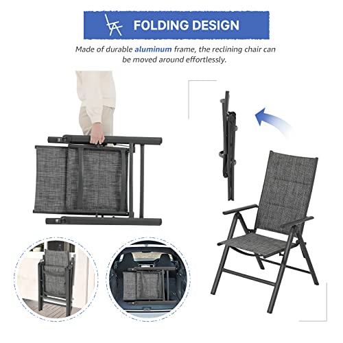 Soleil Jardin Folding Patio Chairs Set Of 2, Aluminum Portable Reclining Lawn Chairs With Adjustable High Backrest & Soft Padding, Outdoor Dining Chairs For Porch Pool Yard, No Assembly, Dark Gray #TOP6