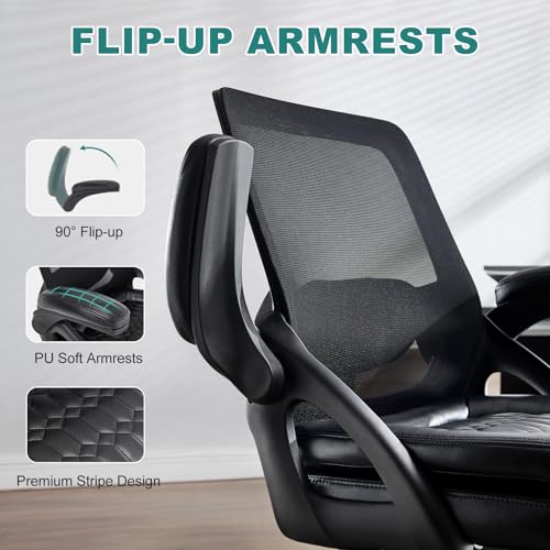 Image of Big and Tall Office Chair, 500lbs Mesh Heavy Duty Ergonomic Desk Chair with Flip-up Armrests, Plus Size Wide Seat in PU Leather, 360 Swivel Computer Executive Task Chair for Home Office (Black)