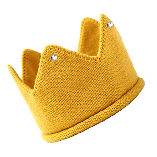 Kisangel Baby Boy Girl Crown Knitted Woolen Hat Baby Birthday Tiara Winter Beanie Cap Baby Shower Crown Photo Prop (Yellow)