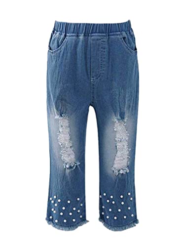 easyforever Girls Beads Ripped Straight Denim Jeans Raw Hem Stretchy Denim Capri Pants Elastic Waistband Trousers