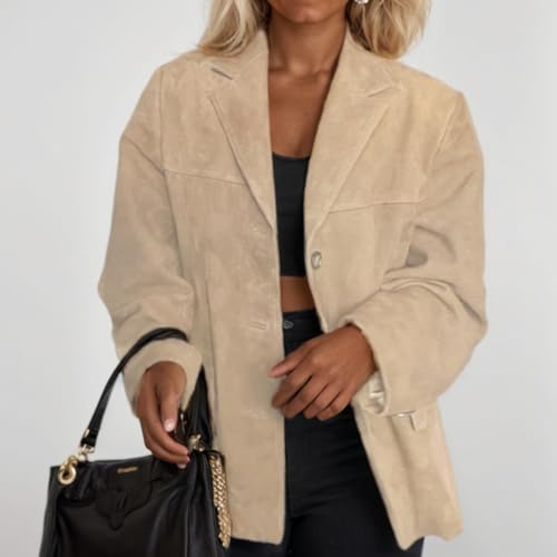 Blazer for Women Casual Faux Suede Long Sleeve Notched Lapel Jacket Suit Single Breasted Work Dressy Blazer Outerwear2