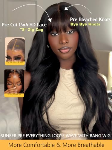Image of Sunber Curtain Bangs Bye Bye Knots 13X4 HD Lace Front Wig Human Hair 24 inch | Loose Wave Put On and Go Glueless Wigs Pre Plucked Pre Bleached Human Hair