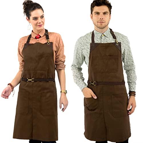 Under Ny Sky No-Tie Chocolate Brown Apron - Durable Twill With Leather Reinforcement And Split-Leg - Adjustable For Men And Women - Pro Barber, Tattoo, Barista, Bartender, Baker, Hair Stylist, Server #TOP4
