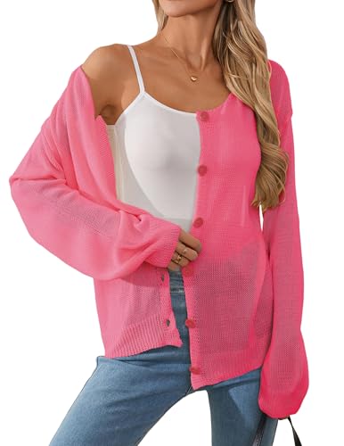 Image of Libsorge Womens Oversized Lightweight Sheer Button Cardigan Spring 2025 Trendy Solid Ribbed Knit Long Sleeve Thin Sweater