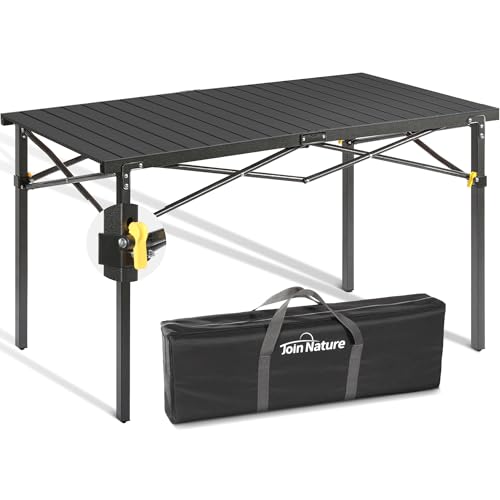 Join Nature Portable Outdoor Camping Table Large for 2-6 Person - Foldable Camp Table with Aluminum Roll-Up Top & Carry Bag for BBQ, Tailgating, Backyard, 220 Lbs Capacity, Stable & Sturdy (Black)