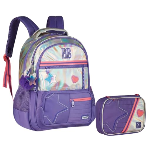 Kit Mochila Rebecca Bonbon Holográfica Grande Juvenil Poliéster Alça Carona Bolso Anti-furto Colegial Com Estojo Box 36 Elástico (LILAS)