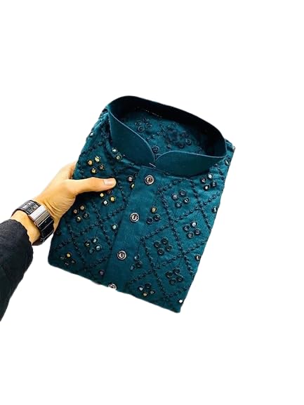 Image of Pure Soft Cotton Long Sleeve and Collared Neck Kurta Men with Embroidery Mirror Work Perfect for Weddings and Functions