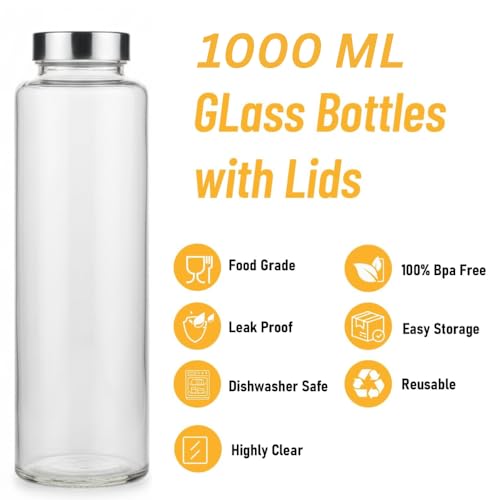 Image of Glassbunny Glass Water Bottle with Leak-Proof Airtight Stainless Steel Lid for Water, Smoothie, Juices Reusable Travel Drinking Fridge Bottle 1000ml BPA-Free Pack of 1