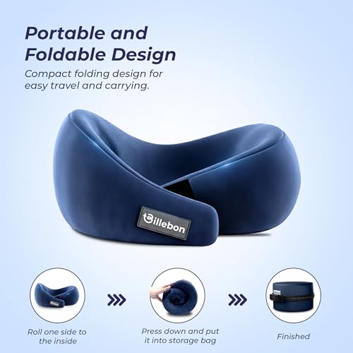Image of Billebon Gel Infused Memory Foam Neck Pillow with Case, Travel Pillow with Adjustable Velcro Straps, Neck Pillow for Travelling & Flight Travel, Ergonomic Support for Comfort & Pain Relief (Blue)