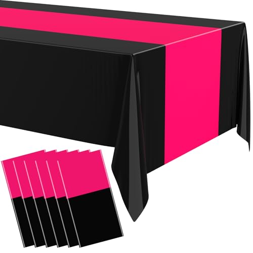 Image of Oudain 6 Pcs Plastic Table Cloths Disposable 54 inch x 108 inch, Hot Pink, Black