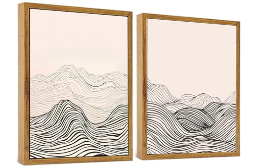 ARTZIO Framed Canvas Wall Art–Minimalist Japanese Abstract Wave Line Art in Black & White,Ready to Hang,Vintage Retro Decor for Living Room Bedroom Bathroom Office–12×16″