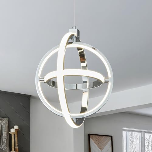 Image of Modern LED Pendant Light Chrome Pendant Lights 4000K Dimmable External Glow Height Adjustable Pendant Lighting for Kitchen Island Dining Room Bedroom Living Room Foyer(3-Ring)