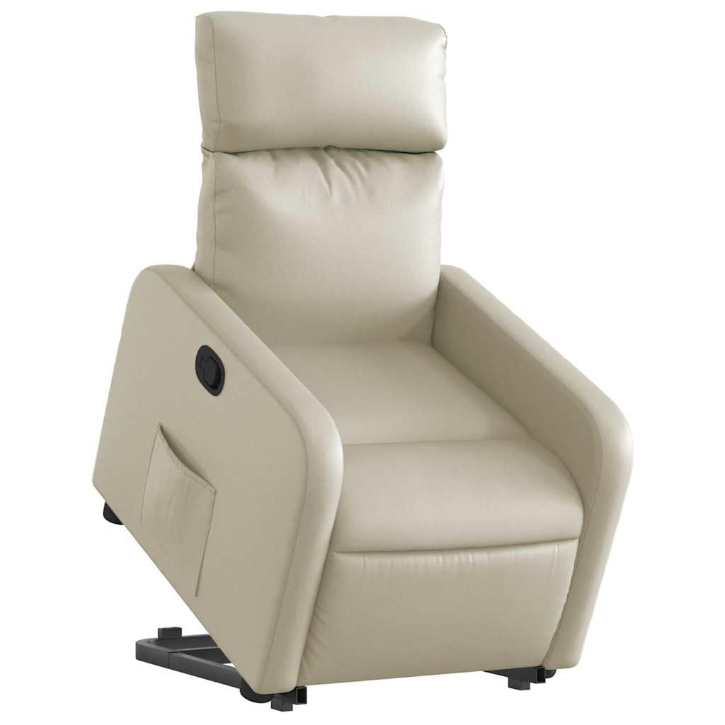Fotel relaksacyjny z elektrycznym wspomaganiem wstawania, ze sztucznej skóry, kremowy, regulowany, z tapicerką, podłokietnikami i oparciem, ergonomiczny, do salonu, czytania, relaksu i