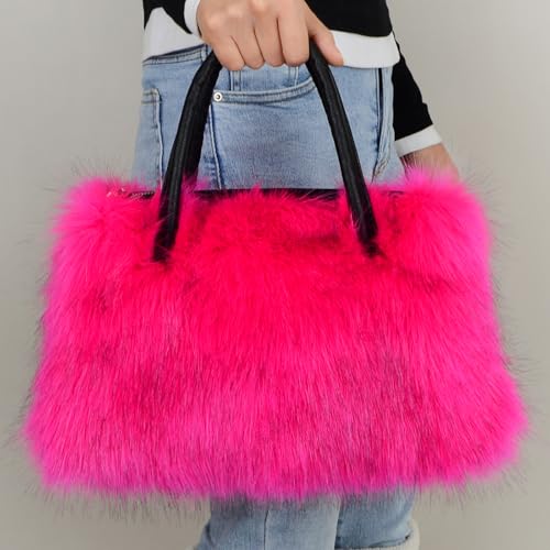Image of Winter Furry Handbag Soft Faux Fur Leather Bag Lightweight Travel Bag Cute Women's Shaggy Purse