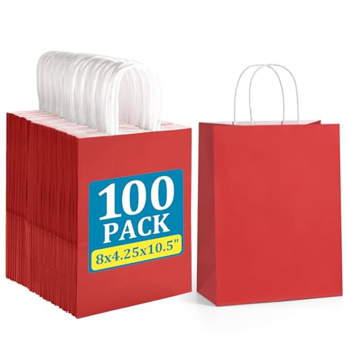 BagDream Kraft Paper Bags 100Pcs 5.25x3x8 Inches Small Kraft Gift Bags with Handles Bulk, for Shopping, Party Favor, Retail, Merchandise, Business, Red Paper Gift Sacks