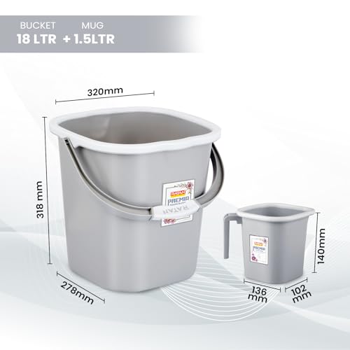 Image of RATAN PLASTICWARE Premia Bathroom Set (Bucket 5L X 1) + (Bucket 18L X 1) + (Mug 1.5L X 1) + (Small Stool X 1) - Diaso Grey|Easy to Carry | Perfect for Use in Bathrooms, Kitchen & Wet Utility Areas