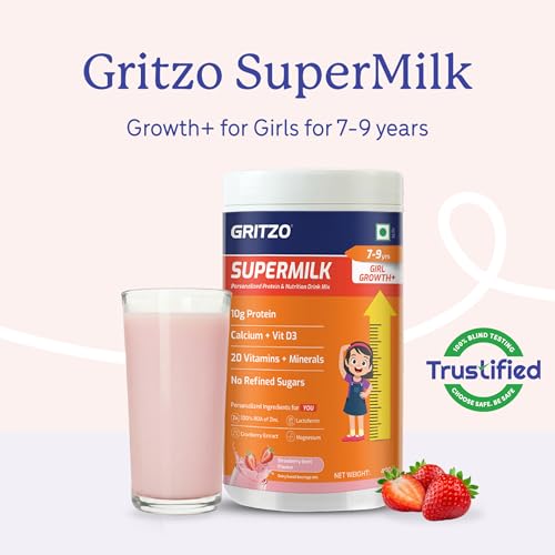 Image of Gritzo SuperMilk Growth+ (7-9y Girl), Strawberry Swirl, 400g | 10g Protein with 20 Vitamins & Minerals | Zero Refined Sugar