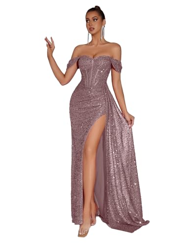 ADYCE Evening Gowns Formal Dresses for Women Sequin Tulle Wedding Guest Cocktail Party Sexy Off Shoulder Floor Length Prom Dress Light Pink L
