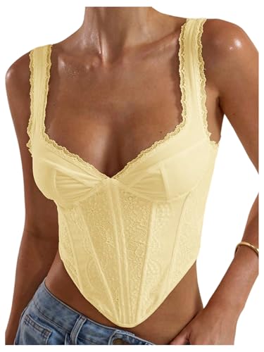 SweatyRocks Womens Going Out Tank Tops Low Cut Asymmetrical Corset Lace Crop Top Yellow Medium