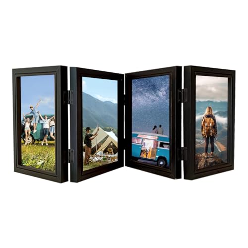 SPORWAY Marco de fotos plegable para 4 fotos, 10 x 15 cm, marco de fotos para varias fotos, marco de madera con cristal, marco de fotos 3D para...
