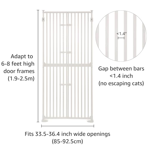 unipaws 74 Inch High Extra Tall Cat Gate with Doors Locks Narrow Bar Spacing, Pressure Mounted 6 to 8 Feet Tall Adjustable Pet Gate, Cat Door Way Indoor Use, White