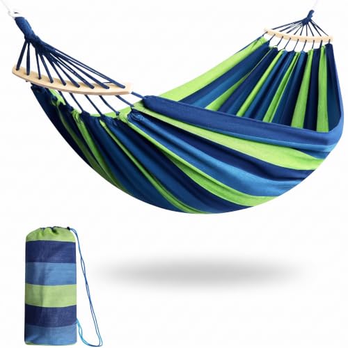 Image of Baskety Double Person Cotton Canvas Hammock with Spreader Bars Ultralight Travel Camping Hammock Swing Bed for Outdoor, Balcony, Garden, Beach - Max Load 200 KG (Blue, 280 x 100 cm)