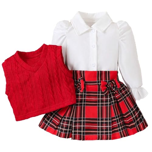 Chuyuku Baby Girl Fall Clothes 6-24 Months Puff Sleeve Blouse+Tartan Pleated Skirt+Vest Set cover