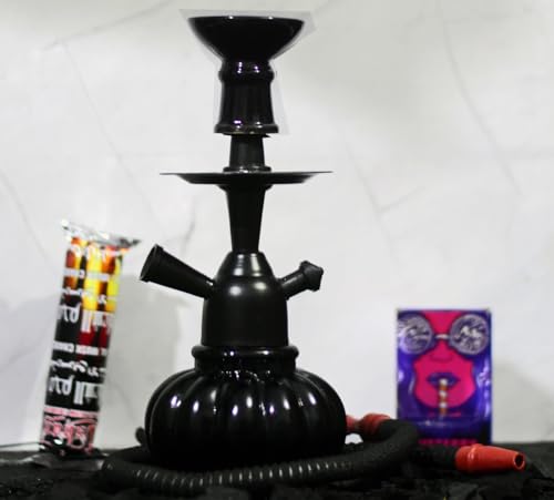 Image of Premium Glass Hookah Set with Free Tongs, Charcoal, 2 Flavours (0% Tobacco & Nicotine), 40 cm Height (Black Combo 10 Inch)