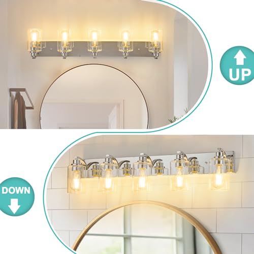 Image of 5-Light Bathroom Light Fixtures Modern Chrome Vanity Lights | Easy to Install Clear Glass Shades, Wall Mount Up or Down, E26 Socket, Hardwired, 128V