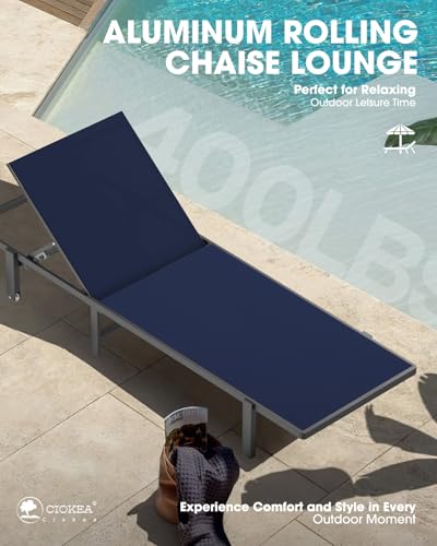 Pool Chaise Lounge Chair Set of 4, Outdoor Lounge Chairs with Wheels, 5-Position Adjustable Sun Loungers for Outside, Deck, Beach, Navy Blue - Thumbnail 7