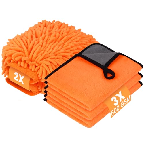 vsshe Set de 5 Paños de Coche, Paños de Microfibra Súper Absorbentes, sin Pelusas Toalla Secado Coche Super Suave y Cuidadosos Paños para la Limpieza de Coches y Motocicletas, 30x40cm（Naranja）