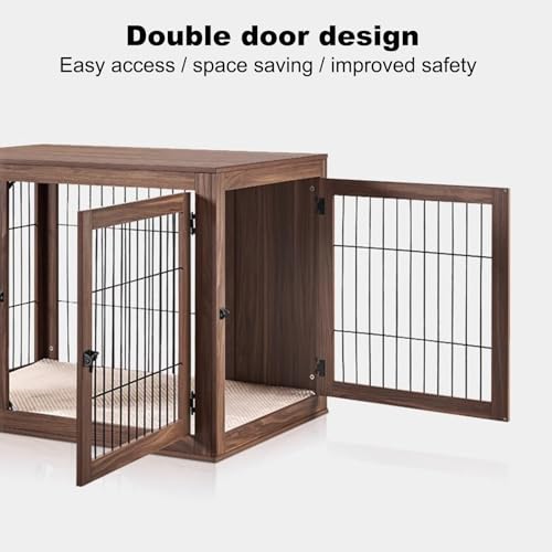 Hundebox- Indoor Holz Doppeltür Design, Multifunktional mit Magnetverschluss, Gemütliche Kissen, Perfekt für mittelgroße Hunde-4