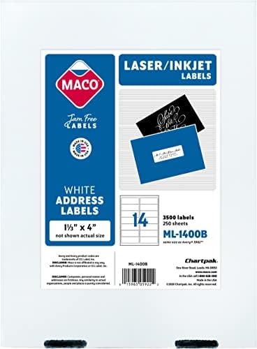 MACO Laser/Ink Jet White Address Labels, 1-1/3 x 4 Inches, 14 Per Sheet, 3500 Per Box (ML-1400B)