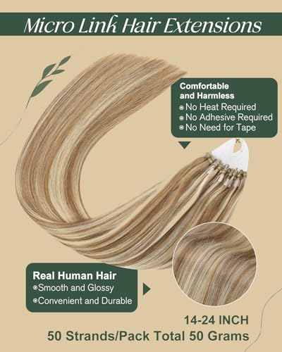 Ugeat Brown Blonde Micro Loop Hair Extensions Real Human Hair Golden Brown Micro Ring Hair Extensions Human Hair Highlights Bleach Blonde 14 Inch Cold Fusion 50G/50S #10/613 - Image 2